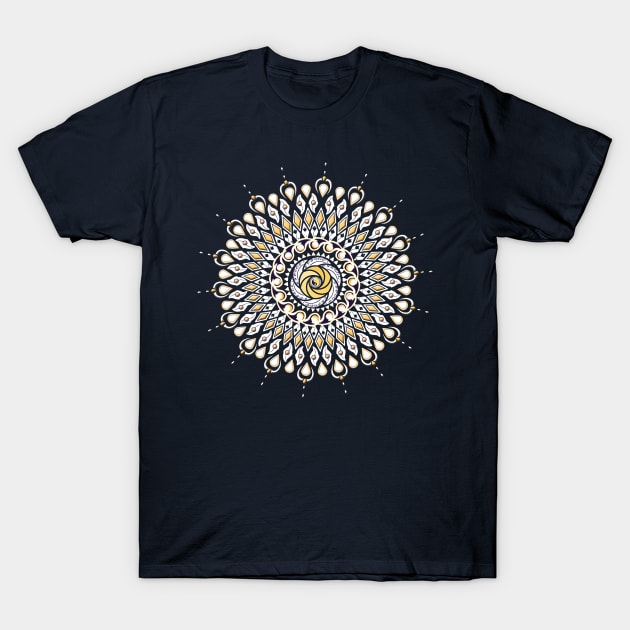 Gold and White Lens Mandala T-Shirt by DISmithArt